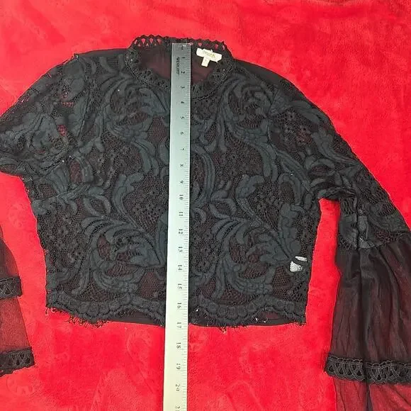 Peach Black Sheer Lace Blouse Floral Scalloped Trim Whimsigoth Coquette Size M - Picture 7 of 16